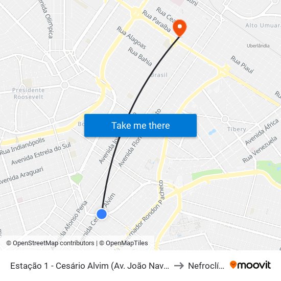 Estação 1 - Cesário Alvim (Av. João Naves De Ávila) to Nefroclínica map