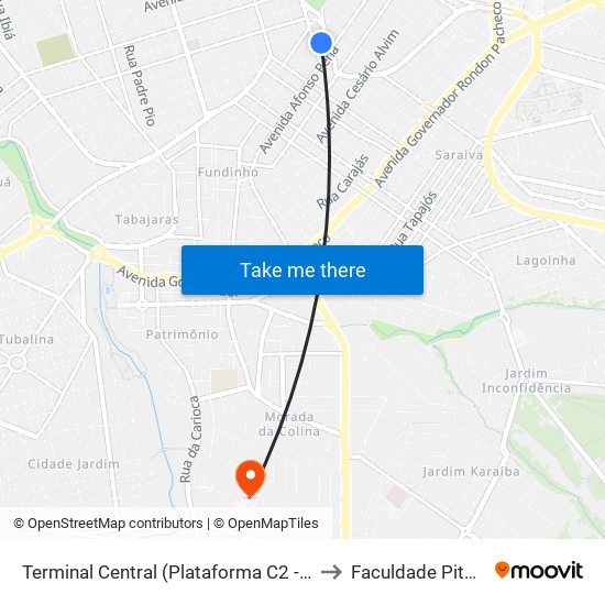 Terminal Central (Plataforma C2 - Vermelho) to Faculdade Pitágoras map