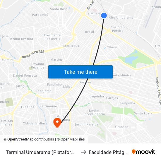 Terminal Umuarama (Plataforma B1) to Faculdade Pitágoras map