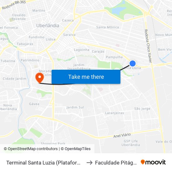 Terminal Santa Luzia (Plataforma B2) to Faculdade Pitágoras map