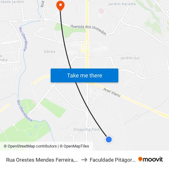 Rua Orestes Mendes Ferreira, 40 to Faculdade Pitágoras map