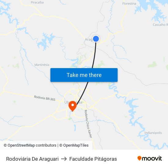 Rodoviária De Araguari to Faculdade Pitágoras map