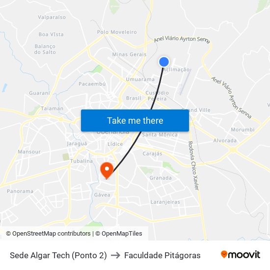 Sede Algar Tech (Ponto 2) to Faculdade Pitágoras map