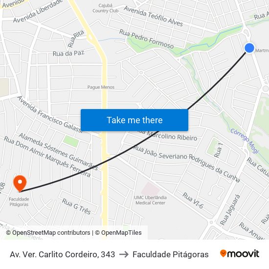 Av. Ver. Carlito Cordeiro, 343 to Faculdade Pitágoras map