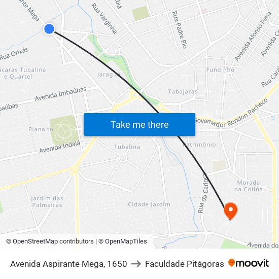 Avenida Aspirante Mega, 1650 to Faculdade Pitágoras map