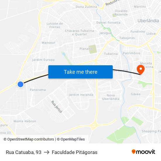 Rua Catuaba, 93 to Faculdade Pitágoras map