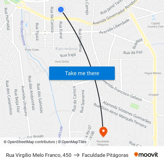 Rua Virgílio Melo Franco, 450 to Faculdade Pitágoras map