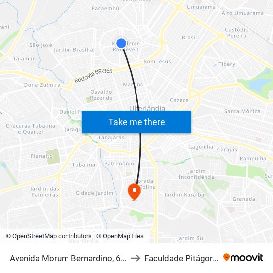 Avenida Morum Bernardino, 600 to Faculdade Pitágoras map