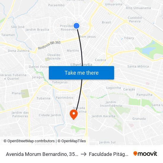 Avenida Morum Bernardino, 35-115 to Faculdade Pitágoras map