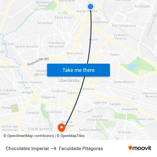 Chocolates Imperial to Faculdade Pitágoras map