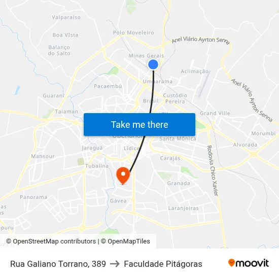 Rua Galiano Torrano, 389 to Faculdade Pitágoras map