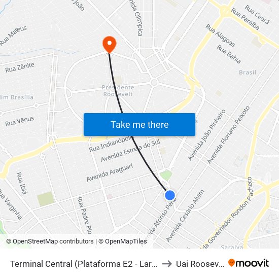 Terminal Central (Plataforma E2 - Laranja) to Uai Roosevelt map