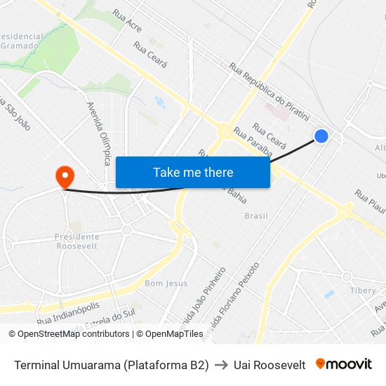 Terminal Umuarama (Plataforma B2) to Uai Roosevelt map