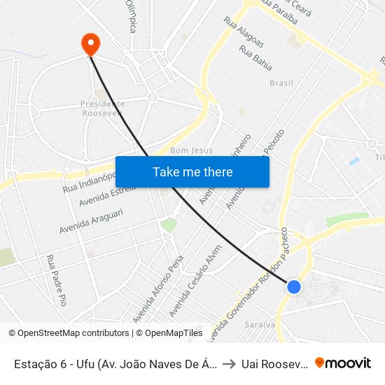 Estação 6 - Ufu (Av. João Naves De Ávila) to Uai Roosevelt map