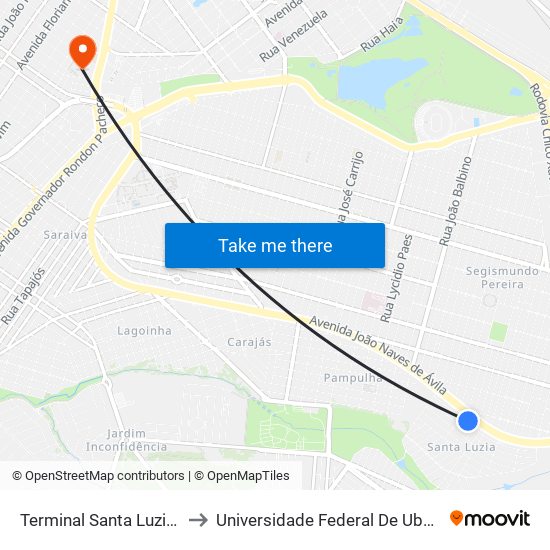 Terminal Santa Luzia (Plataforma A2) to Universidade Federal De Uberlândia - Campus Educa map