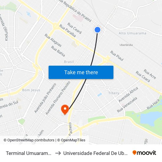Terminal Umuarama (Plataforma A1) to Universidade Federal De Uberlândia - Campus Educa map