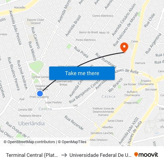 Terminal Central (Plataforma C1 - Vermelho) to Universidade Federal De Uberlândia - Campus Educa map