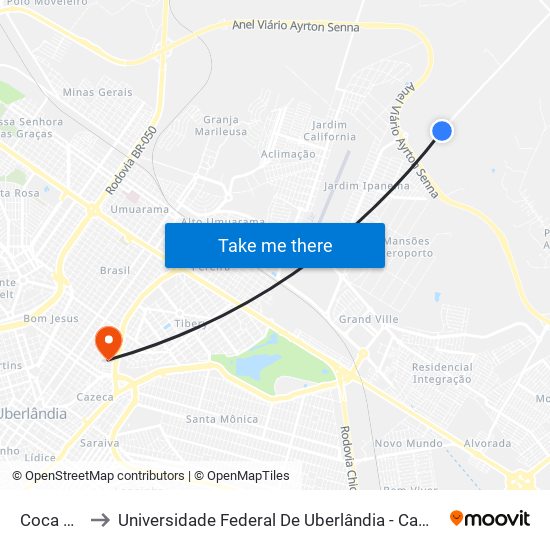 Coca Cola to Universidade Federal De Uberlândia - Campus Educa map