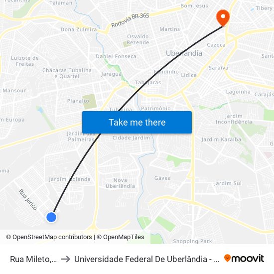 Rua Mileto, 1735 to Universidade Federal De Uberlândia - Campus Educa map