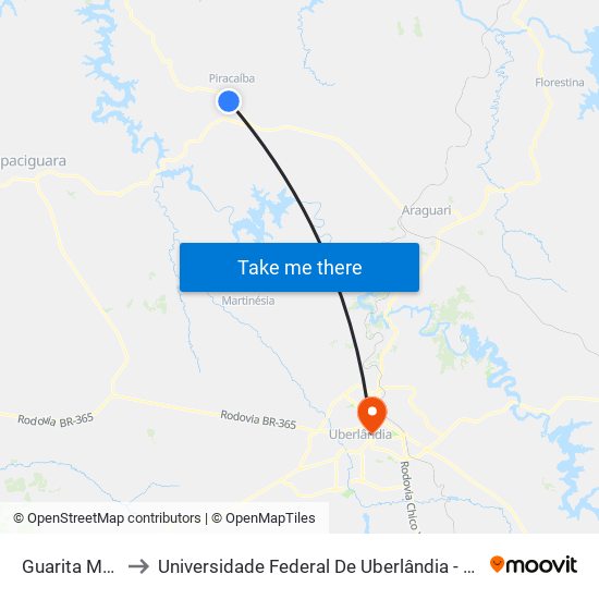 Guarita Mg-413 to Universidade Federal De Uberlândia - Campus Educa map