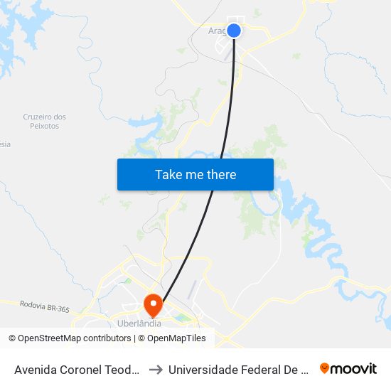 Avenida Coronel Teodolino Pereira Araújo, 301 to Universidade Federal De Uberlândia - Campus Educa map