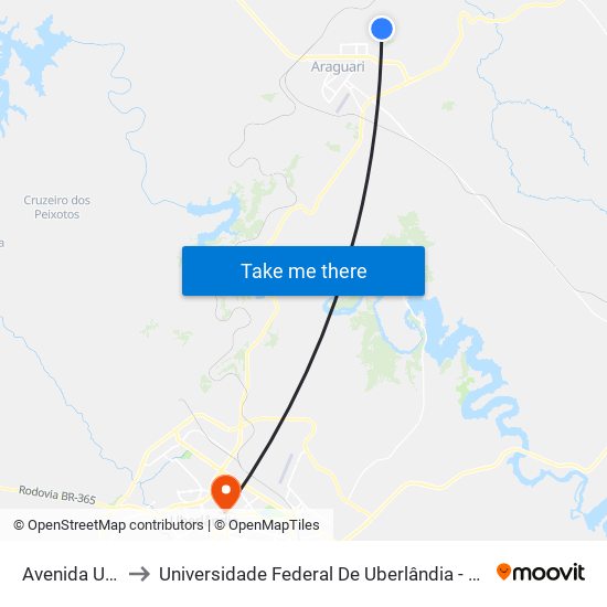 Avenida Um, 40 to Universidade Federal De Uberlândia - Campus Educa map