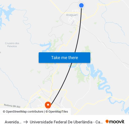 Avenida Um to Universidade Federal De Uberlândia - Campus Educa map