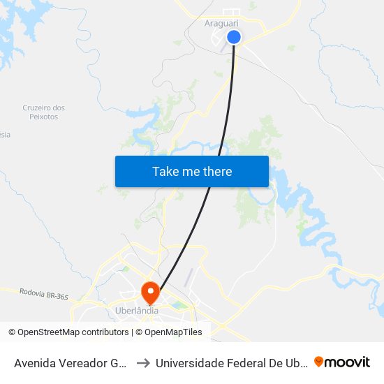 Avenida Vereador Geraldo Teodoro, 391 to Universidade Federal De Uberlândia - Campus Educa map