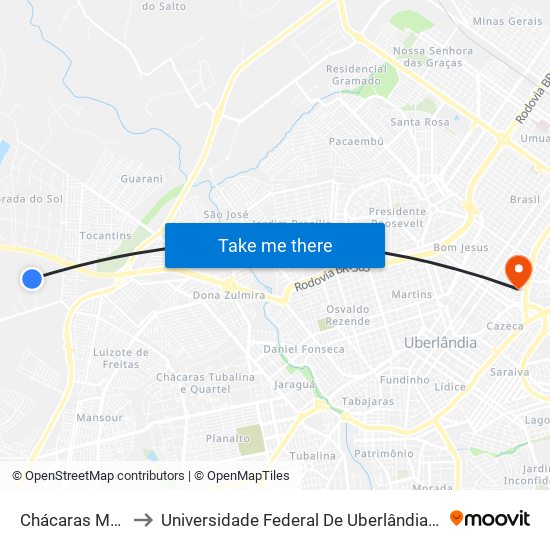 Chácaras Maravilha to Universidade Federal De Uberlândia - Campus Educa map