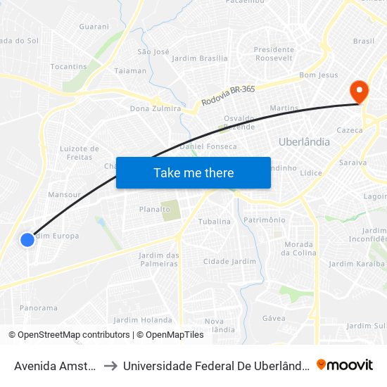 Avenida Amsterdã, 631 to Universidade Federal De Uberlândia - Campus Educa map