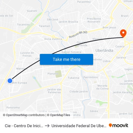 Cie - Centro De Iniciação Ao Esporte to Universidade Federal De Uberlândia - Campus Educa map