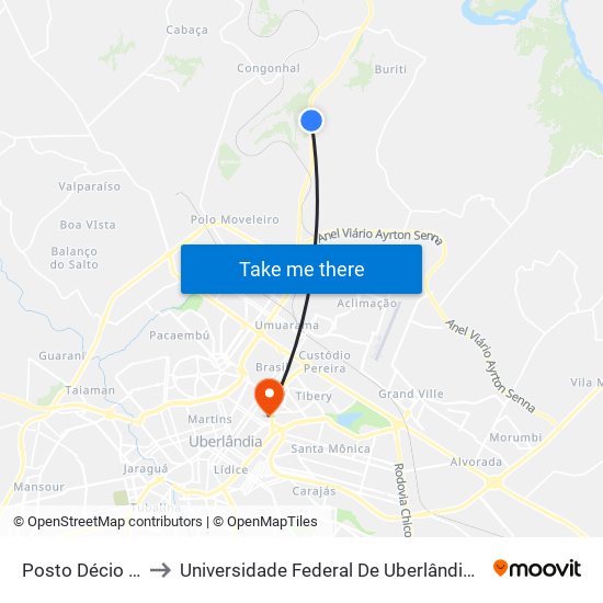 Posto Décio - Buritis to Universidade Federal De Uberlândia - Campus Educa map