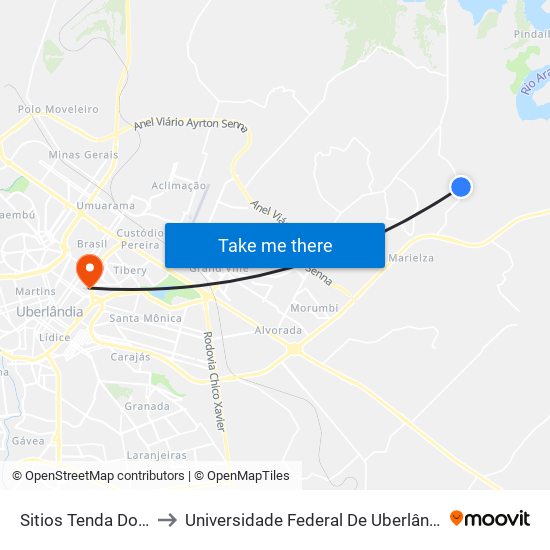 Sitios Tenda Dos Morenos to Universidade Federal De Uberlândia - Campus Educa map