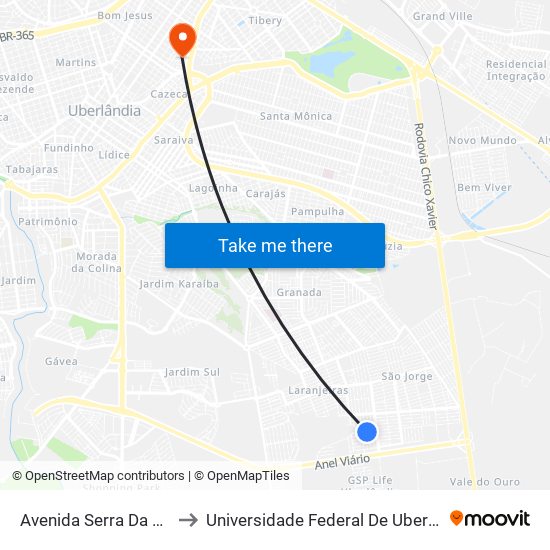 Avenida Serra Da Bodoquena 865 to Universidade Federal De Uberlândia - Campus Educa map