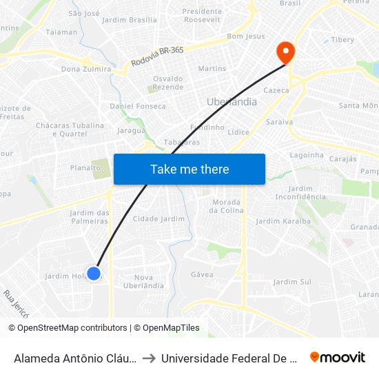 Alameda Antônio Cláudio Ricardo Souza, 220 to Universidade Federal De Uberlândia - Campus Educa map
