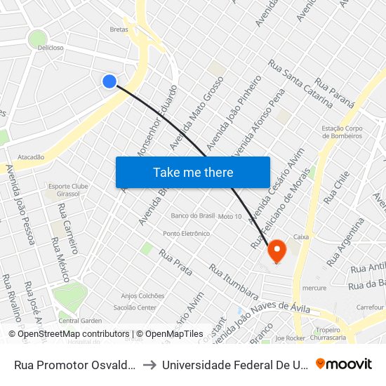 Rua Promotor Osvaldo Afonso Borges, 673 to Universidade Federal De Uberlândia - Campus Educa map
