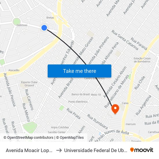 Avenida Moacir Lopes De Carvalho, 370 to Universidade Federal De Uberlândia - Campus Educa map