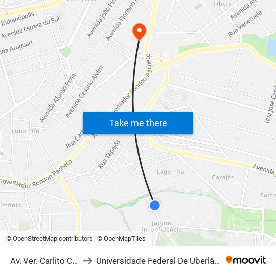 Av. Ver. Carlito Cordeiro, 343 to Universidade Federal De Uberlândia - Campus Educa map