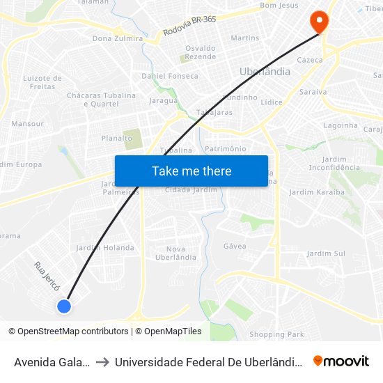 Avenida Galassi, 332 to Universidade Federal De Uberlândia - Campus Educa map