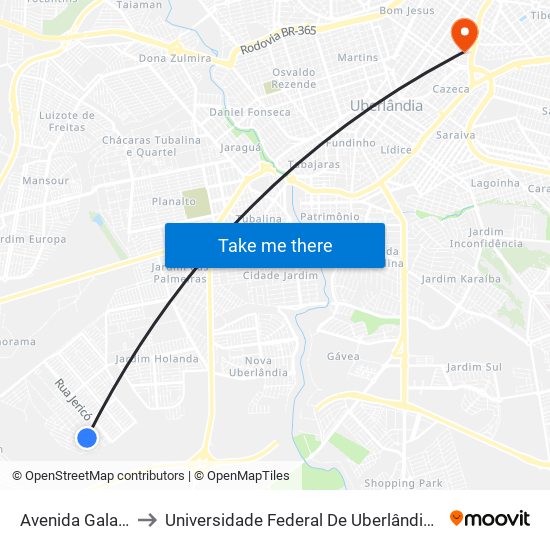 Avenida Galassi, 504 to Universidade Federal De Uberlândia - Campus Educa map