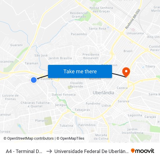 A4 - Terminal Dona Zulmira to Universidade Federal De Uberlândia - Campus Educa map
