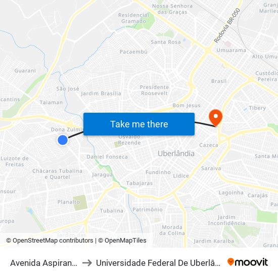 Avenida Aspirante Mega, 15 to Universidade Federal De Uberlândia - Campus Educa map