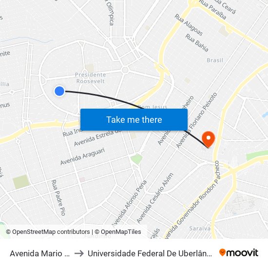 Avenida Mario Nunes, 40 to Universidade Federal De Uberlândia - Campus Educa map