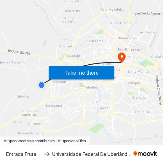 Entrada Fruta Do Conde to Universidade Federal De Uberlândia - Campus Educa map