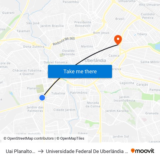 Uai Planalto - Aacd to Universidade Federal De Uberlândia - Campus Educa map