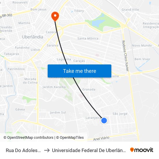 Rua Do Adolescente, 251 to Universidade Federal De Uberlândia - Campus Educa map