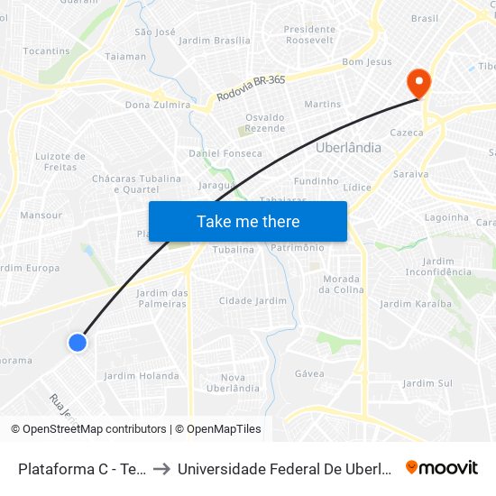 Plataforma C - Terminal Canaã to Universidade Federal De Uberlândia - Campus Educa map