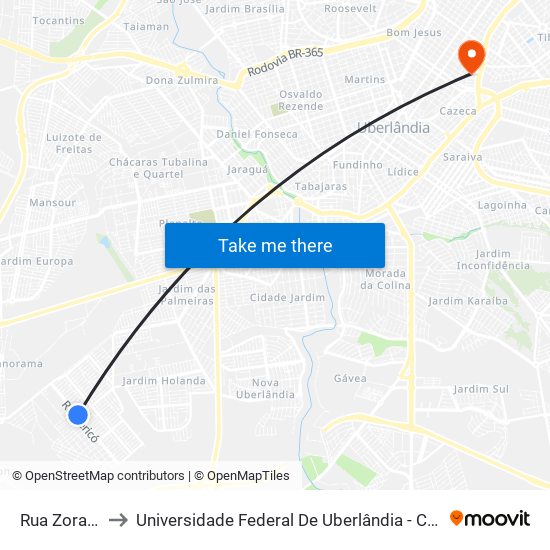 Rua Zora, 773 to Universidade Federal De Uberlândia - Campus Educa map