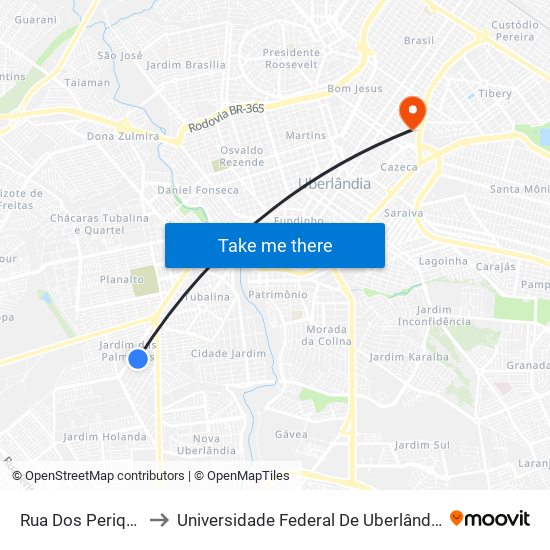 Rua Dos Periquitos, 379 to Universidade Federal De Uberlândia - Campus Educa map