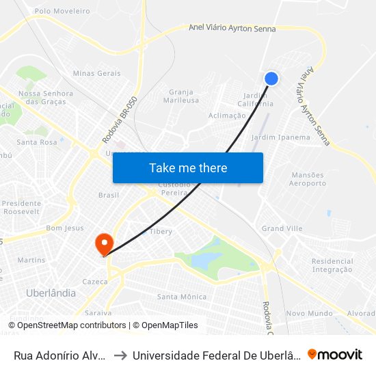 Rua Adonírio Alves Pinto, 353 to Universidade Federal De Uberlândia - Campus Educa map